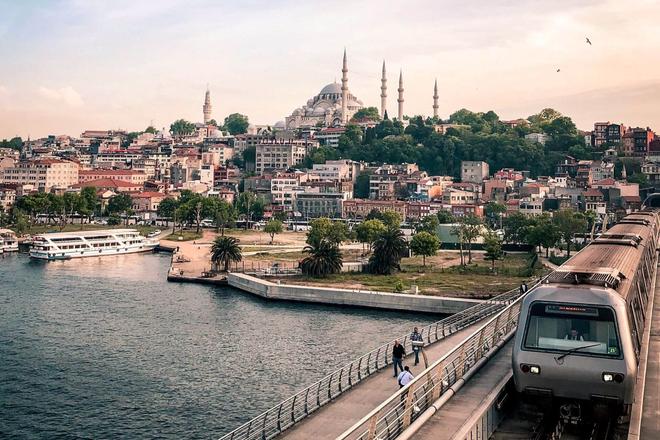 View of a train, the sea and the Istanbul city