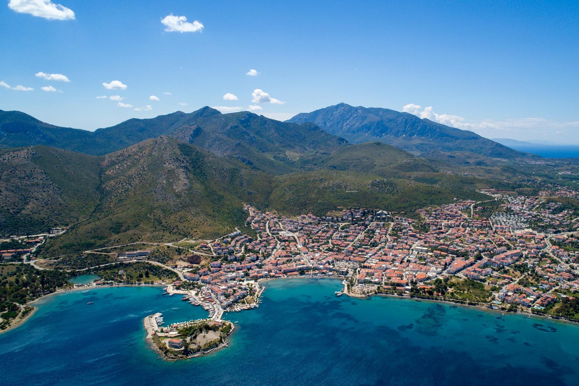 Aerial view of mountain range in Datça on a sunny day with some clouds