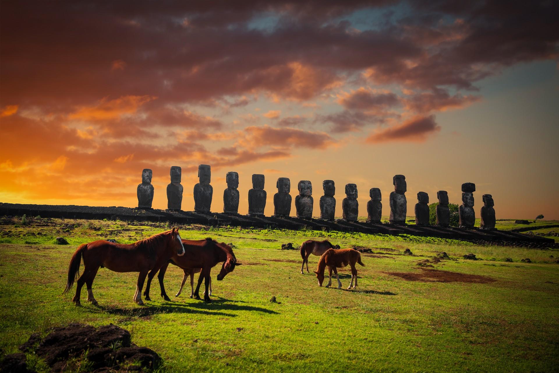 Countryside in Easter Island at sunset time