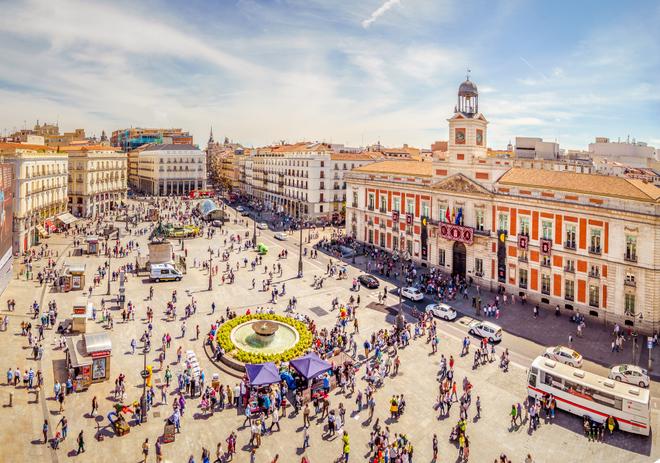 Plaza Mayor from above with people in Madrid, Spain.