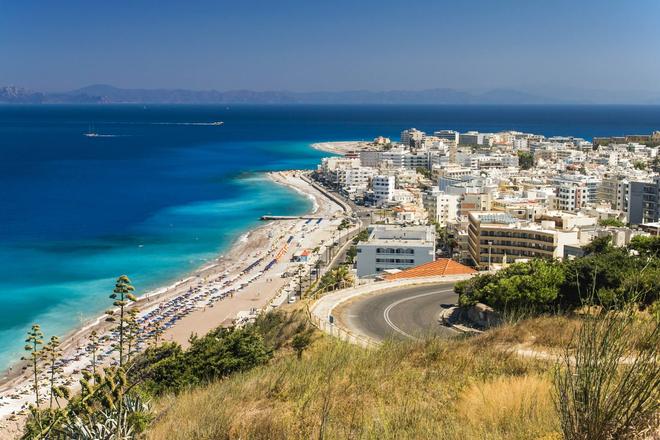 View of the white houses on the island of Rhodes, Greece