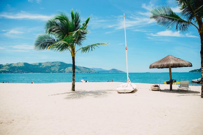 Beuatiful beach, palm tree and sea in Rio de Janeiro