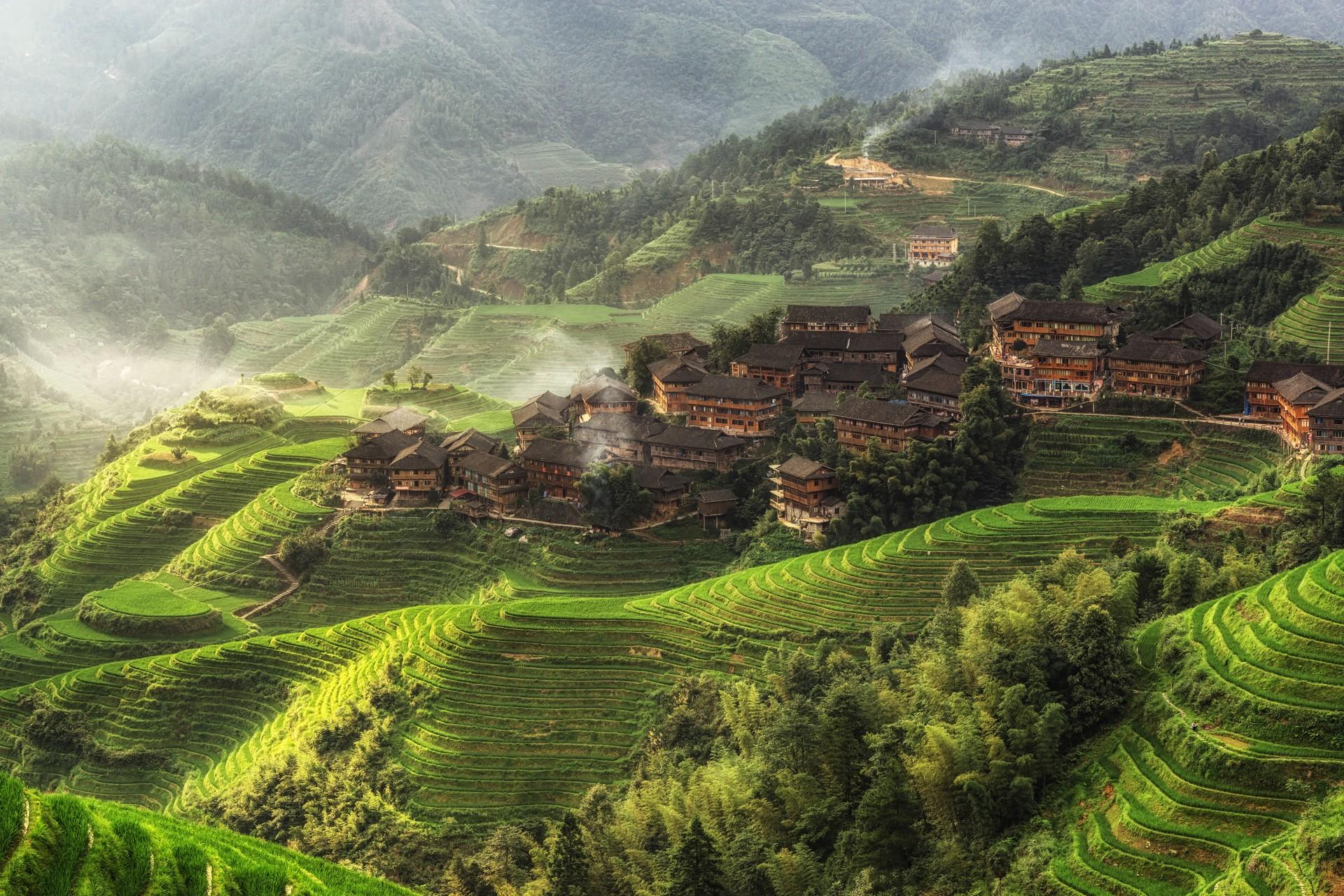 Aerial view of countryside in Guilin