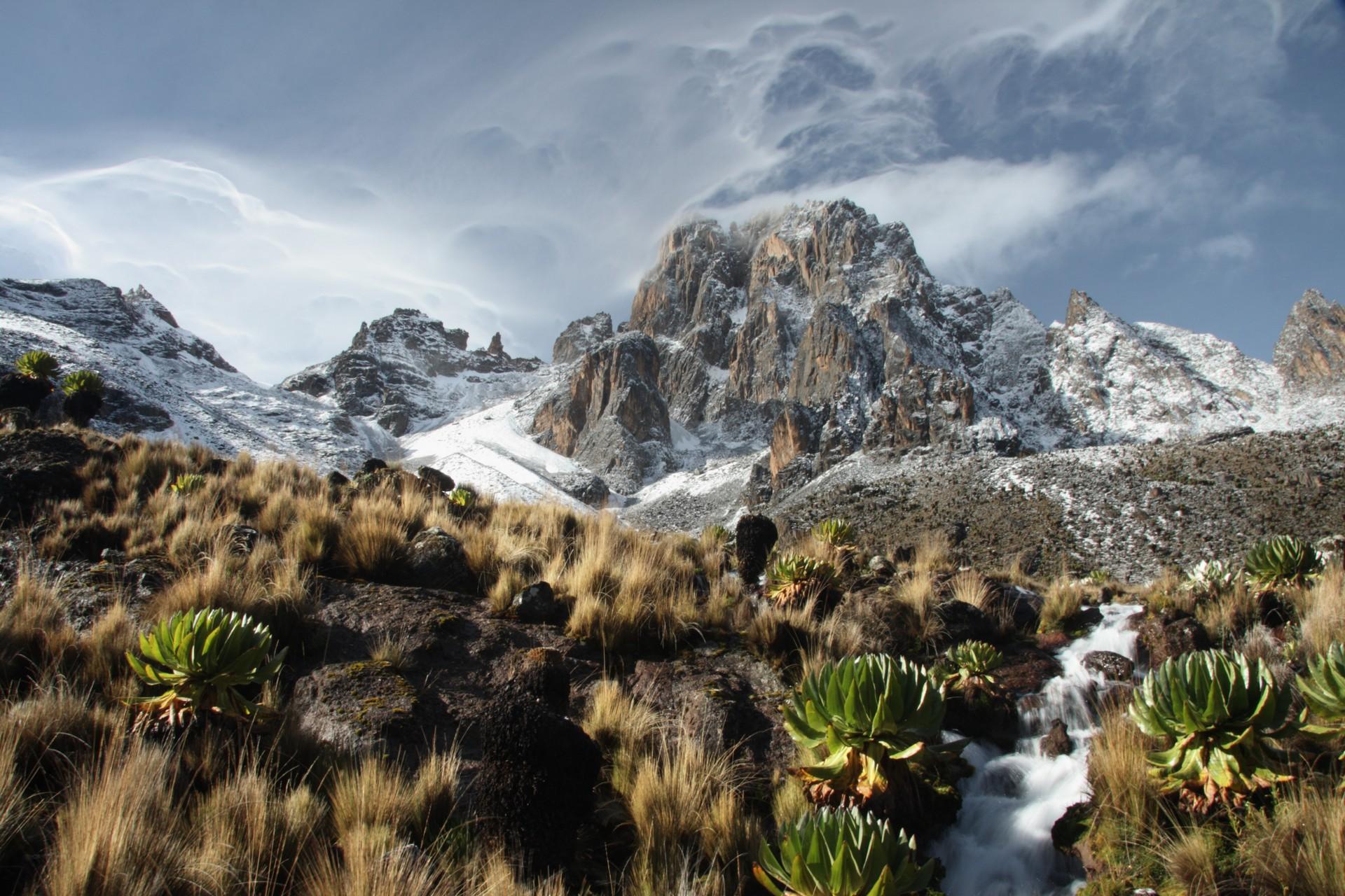 Mountain range in Mount Kenya National Park on a cloudy day