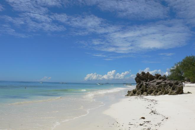 Kenya coast white beach with a rock in sunny weather.