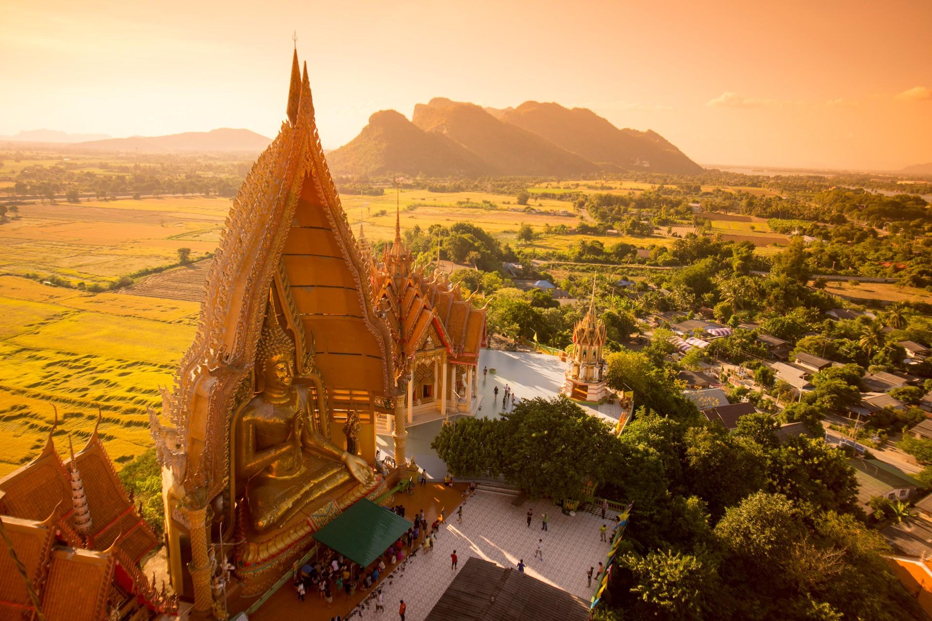 Aerial view of countryside in Kanchanaburi at sunset time