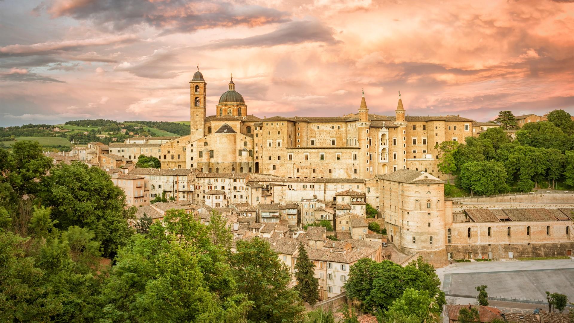 Architecture in Urbino at sunset time