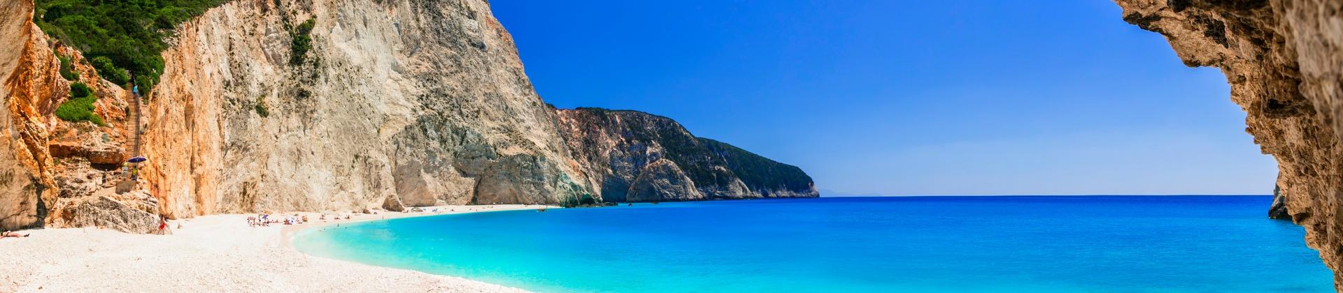Nice beach by the sea and lake in Lefkada on a clear sky day