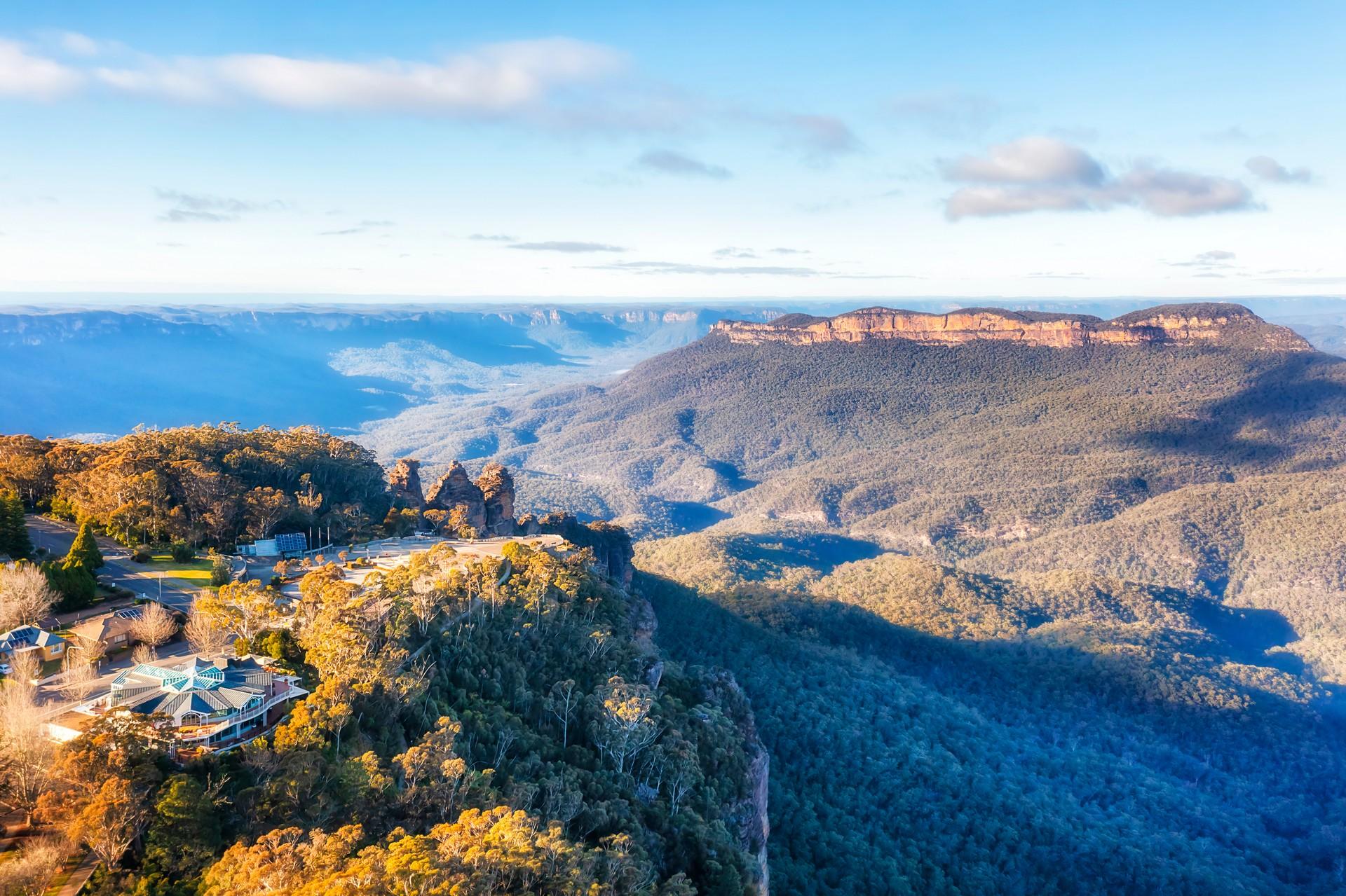 Aerial view of mountain range near Katoomba in partly cloudy weather
