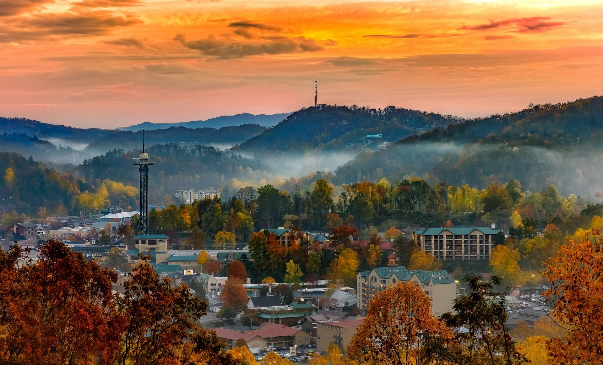 Aerial view of mountain range in Gatlinburg at sunset time