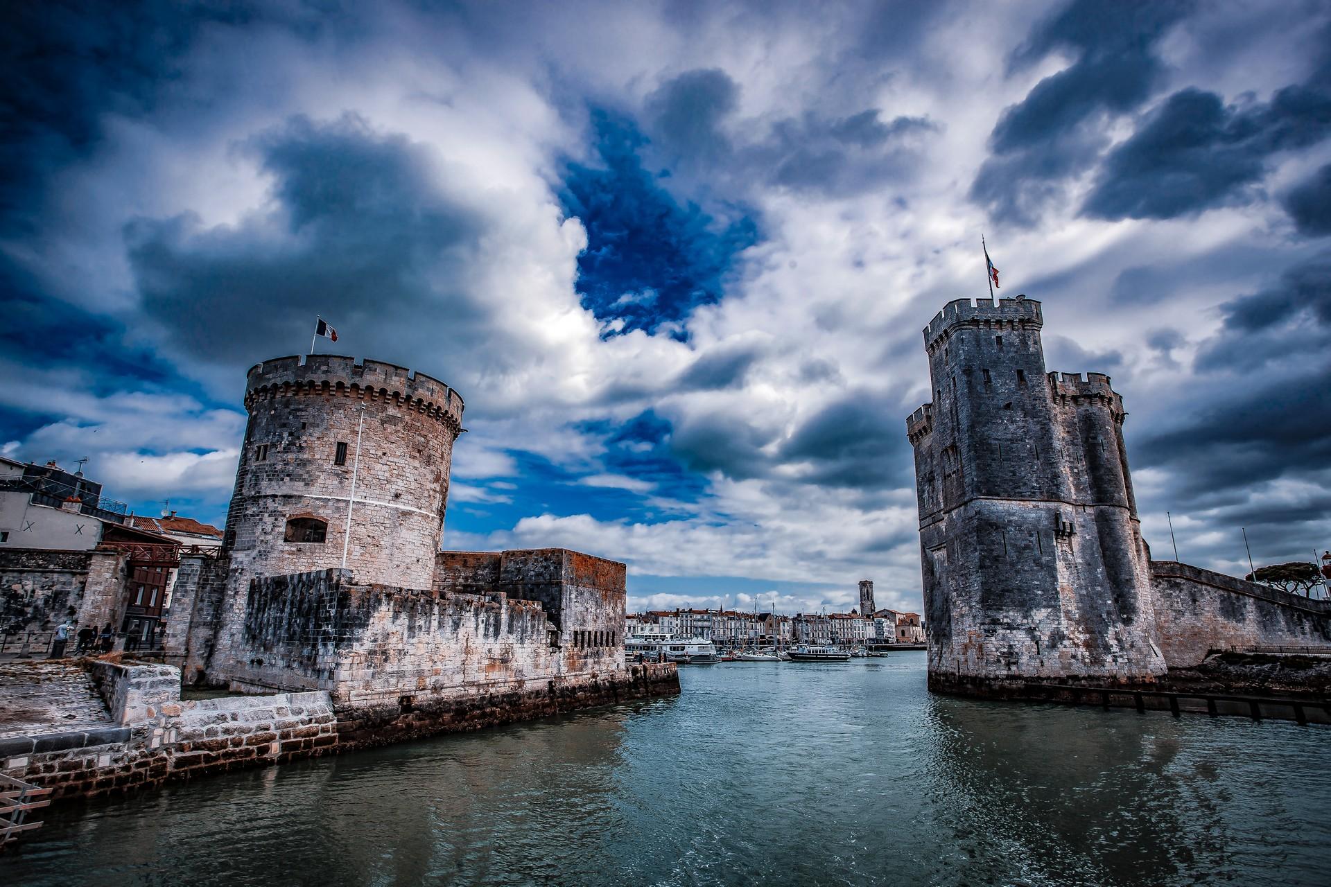 Architecture in La Rochelle with cloudy sky