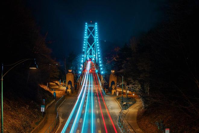 Illuminated Lions Gate Bridge at night, Vancouver
