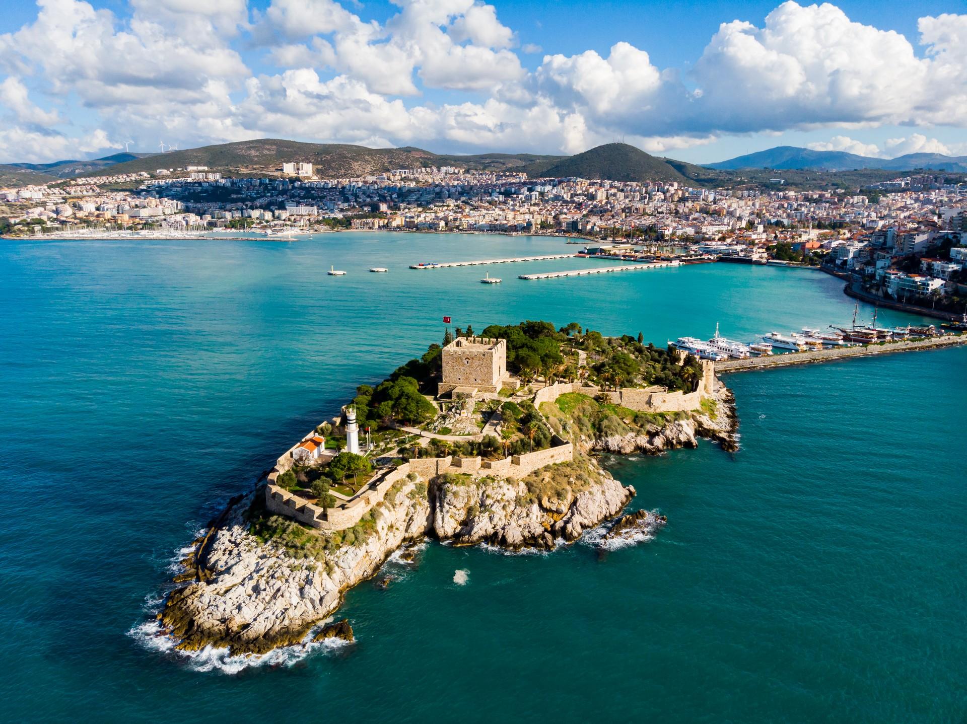 Aerial view of beach in Kuşadasi on a day with cloudy weather