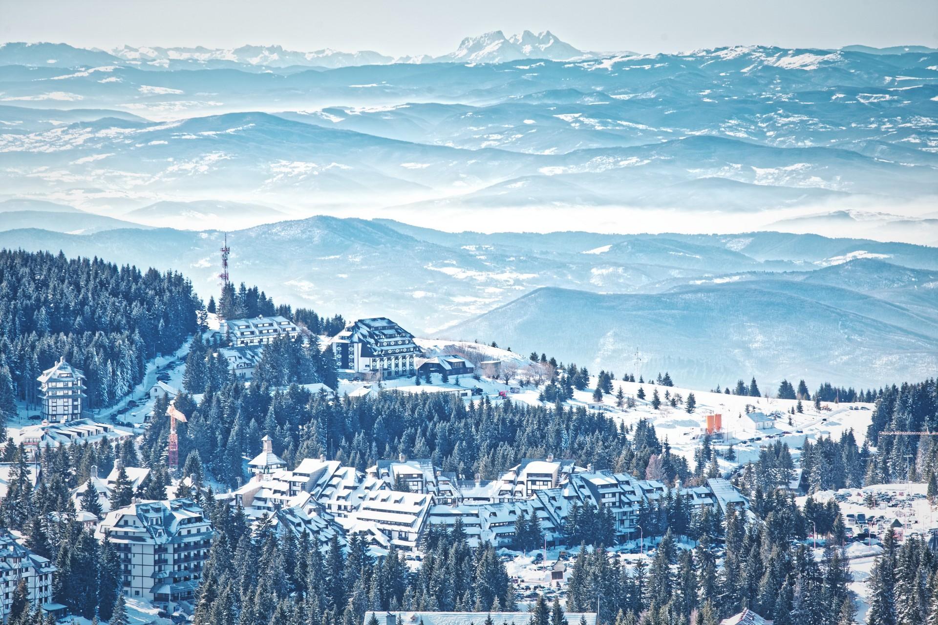 Aerial view of mountain range in Kopaonik on a winter day