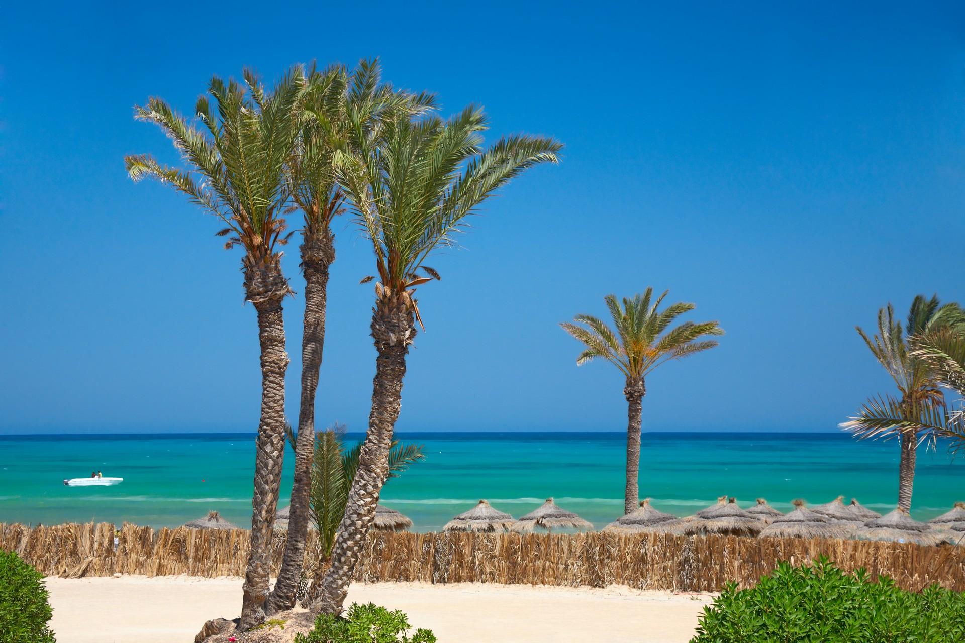Beach with turquise sea in Djerba on a clear sky day