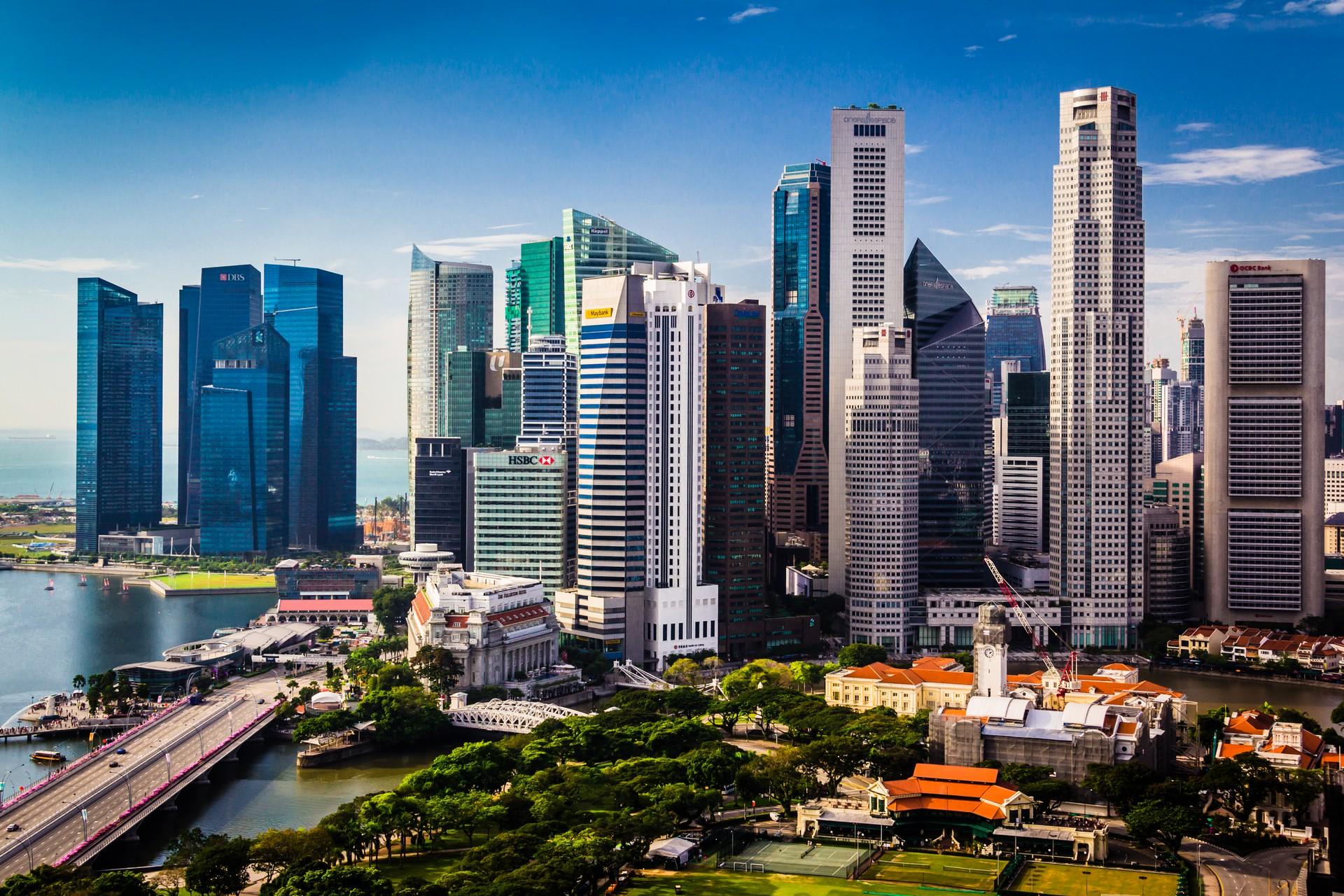 Aerial view of architecture in Singapore in sunny weather with few clouds