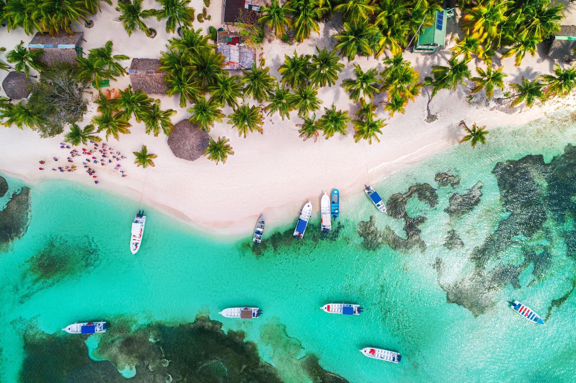 Aerial view of nice beach with turquise sea in Punta Cana