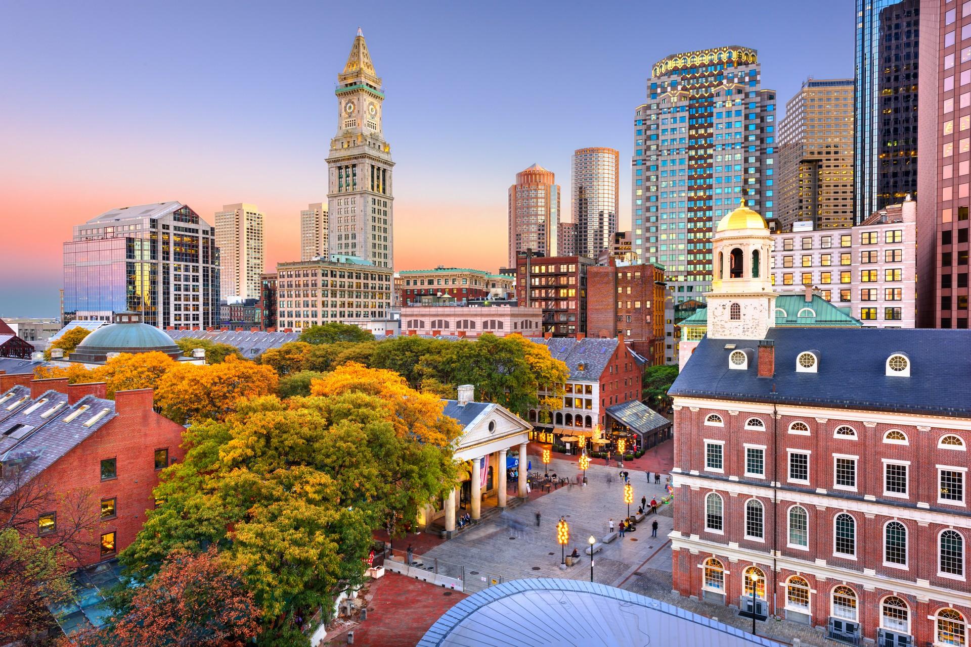 City square in Boston at sunset time