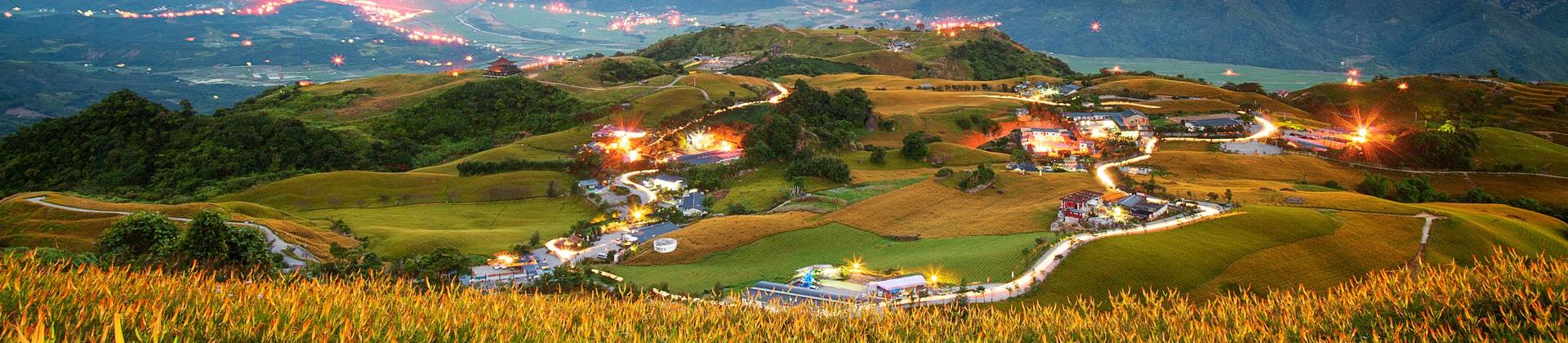 Aerial view of countryside in Hualien at sunset time