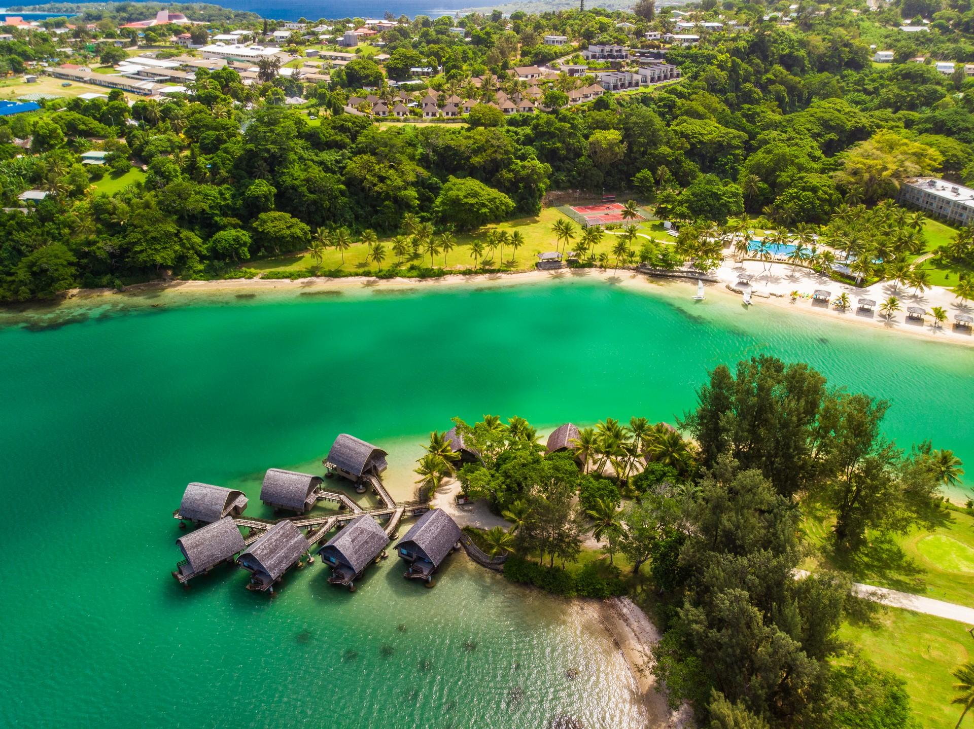 Aerial view of beach with turquise sea in Port-Vila