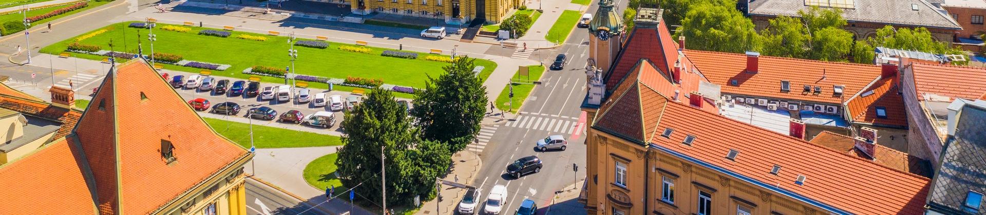 Aerial view of architecture in Zagreb with nice weather and blue sky