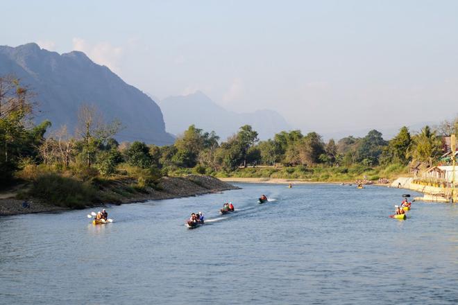 Kayaking on a river in Laos