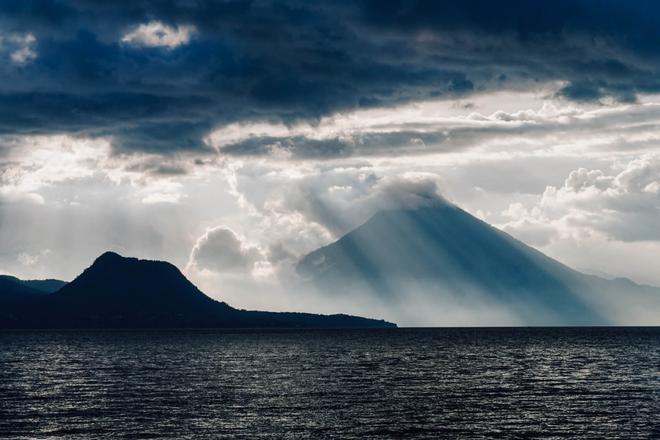 View of lake Atitlán and volcanoes in the background