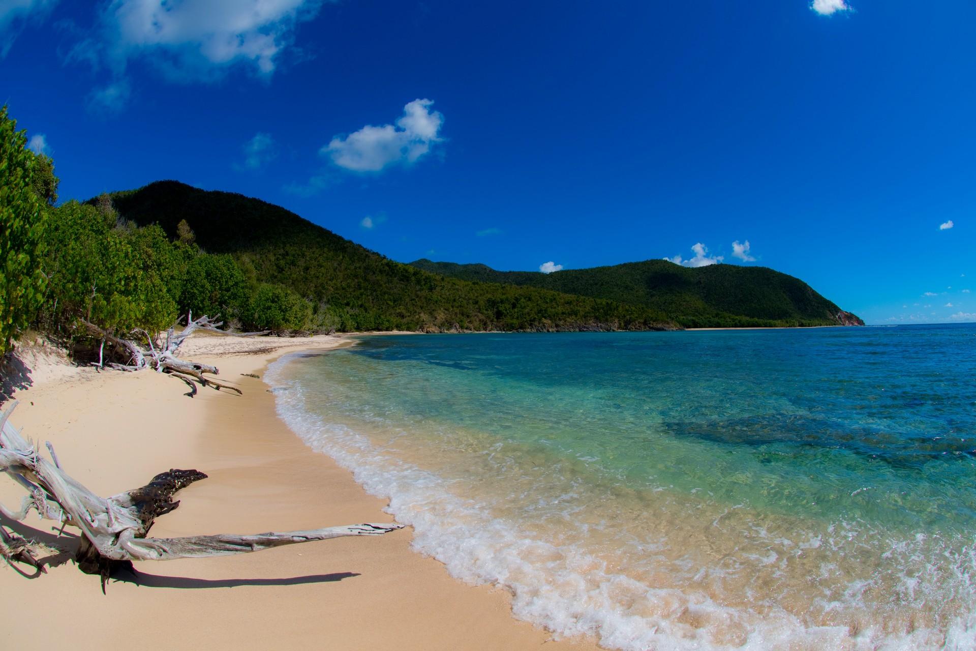 Beach with turquise sea near Saint John in sunny weather with few clouds