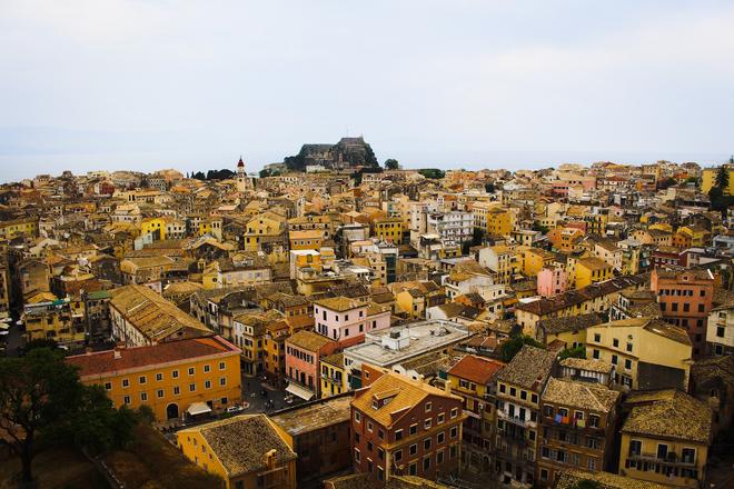 Rooftop view of the winding streets of Corfu (Greece).