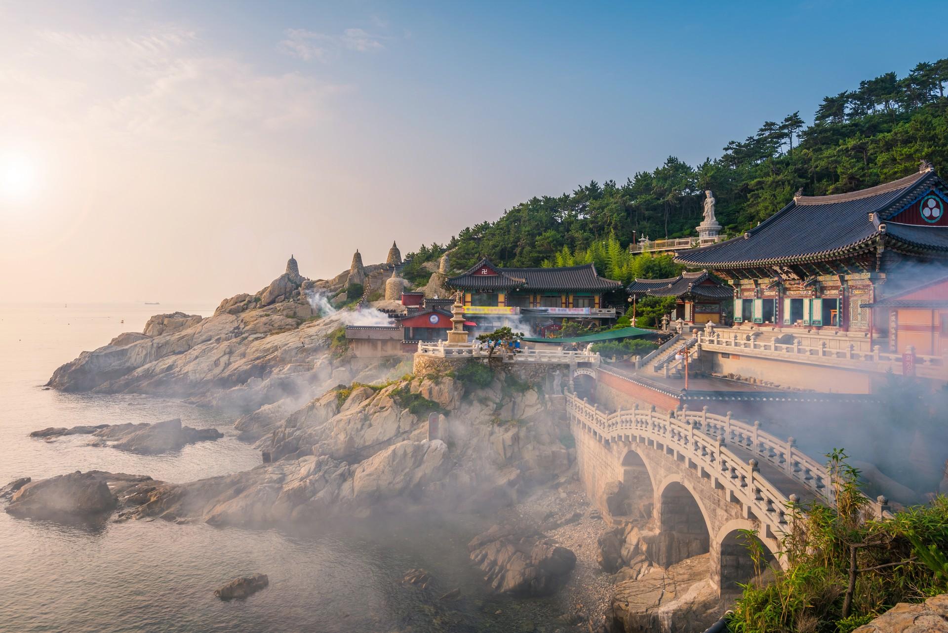 Aerial view of architecture near Busan on a sunny day with some clouds