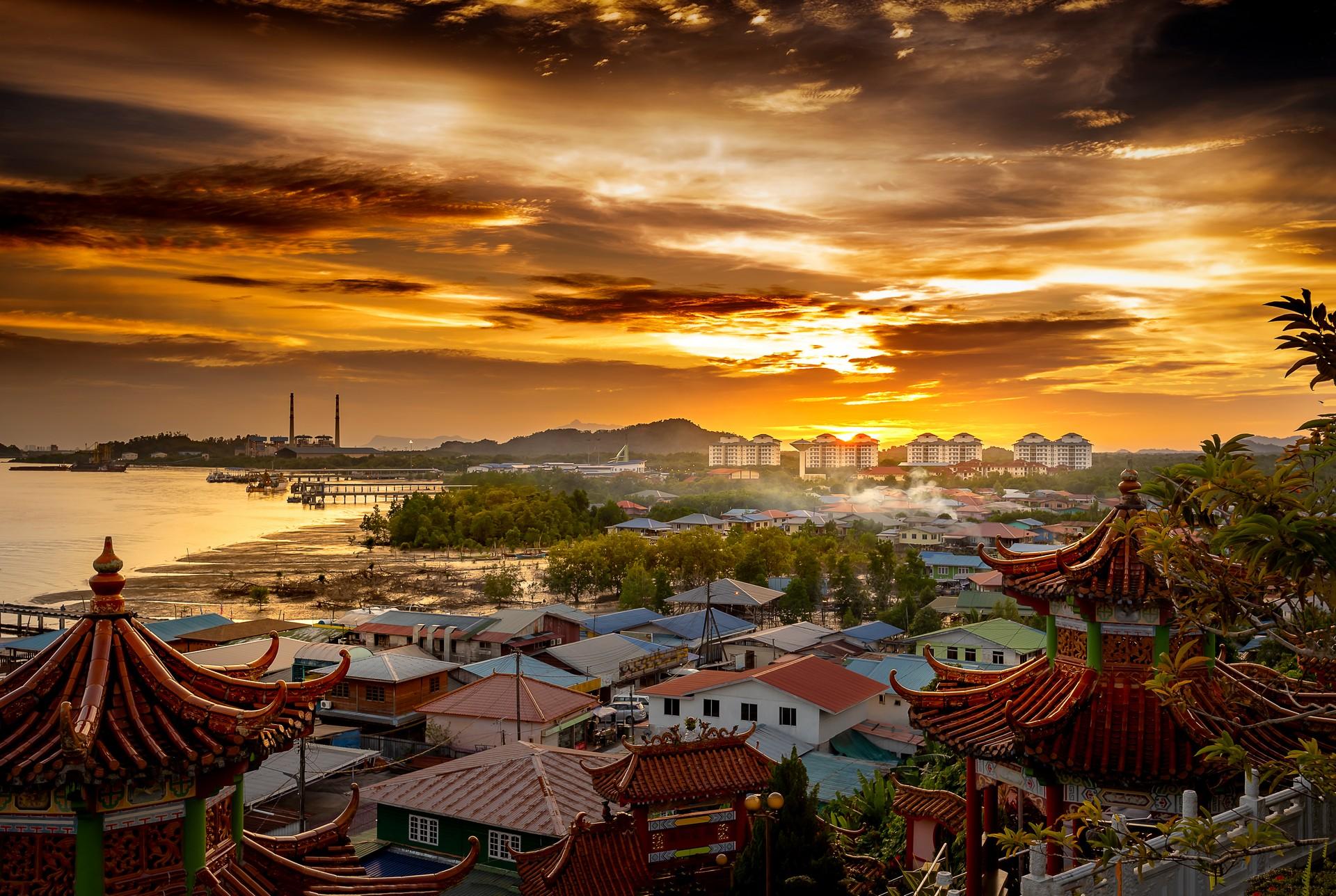 Aerial view of architecture in Kuching at sunset time