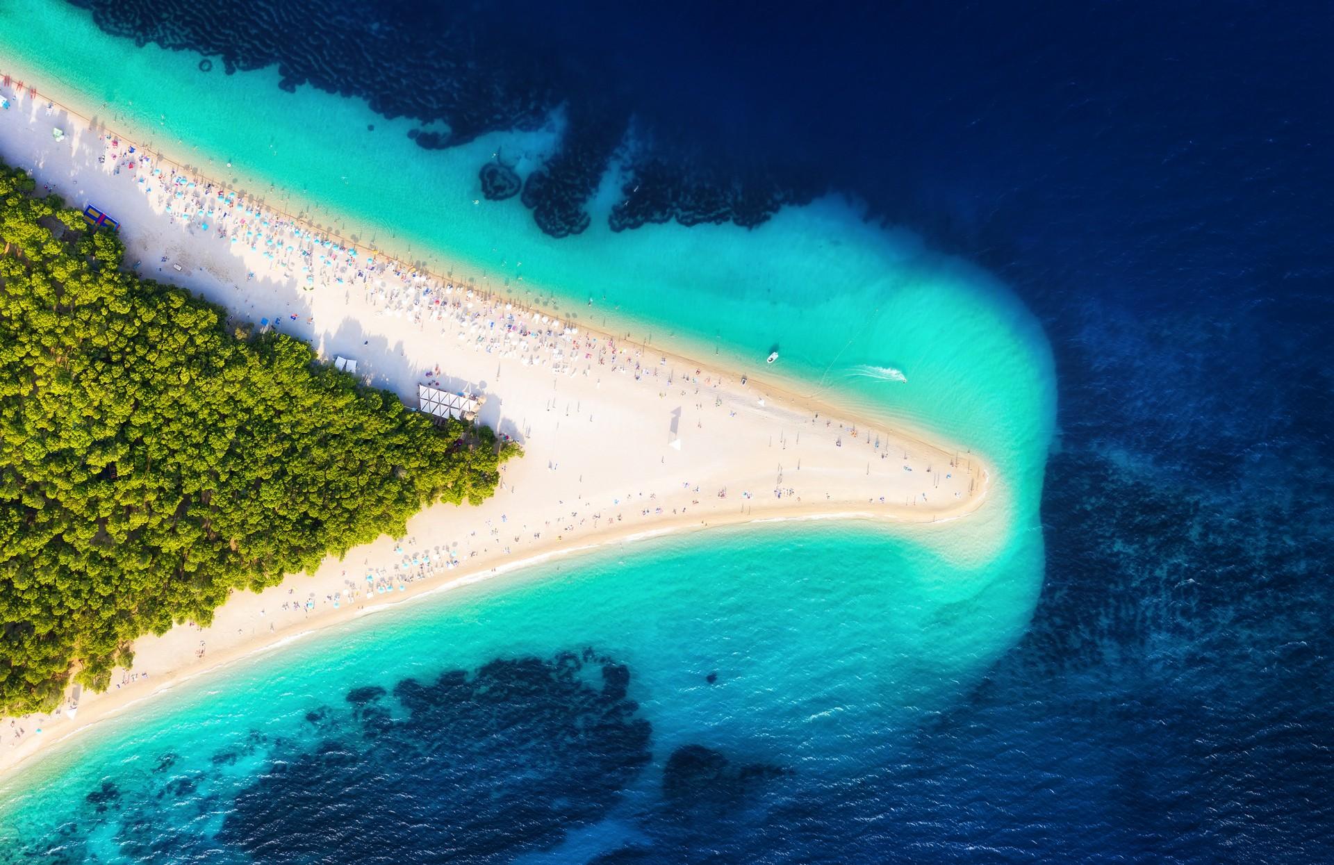 Aerial view of beach with turquise sea in Brač