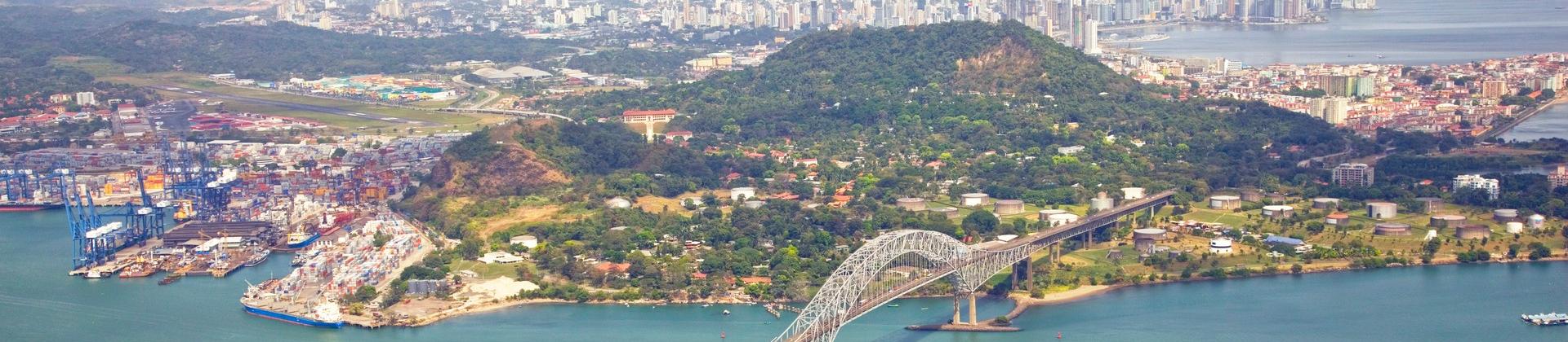 Aerial view of bridge in Panama City on a cloudy day