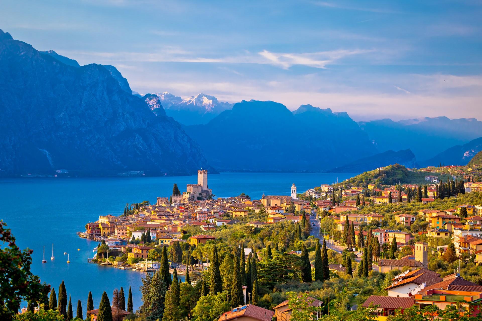 Aerial view of mountain range in Garda on a day with cloudy weather