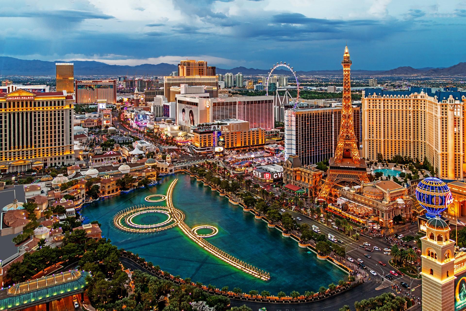 Aerial view of architecture in Las Vegas at sunset time