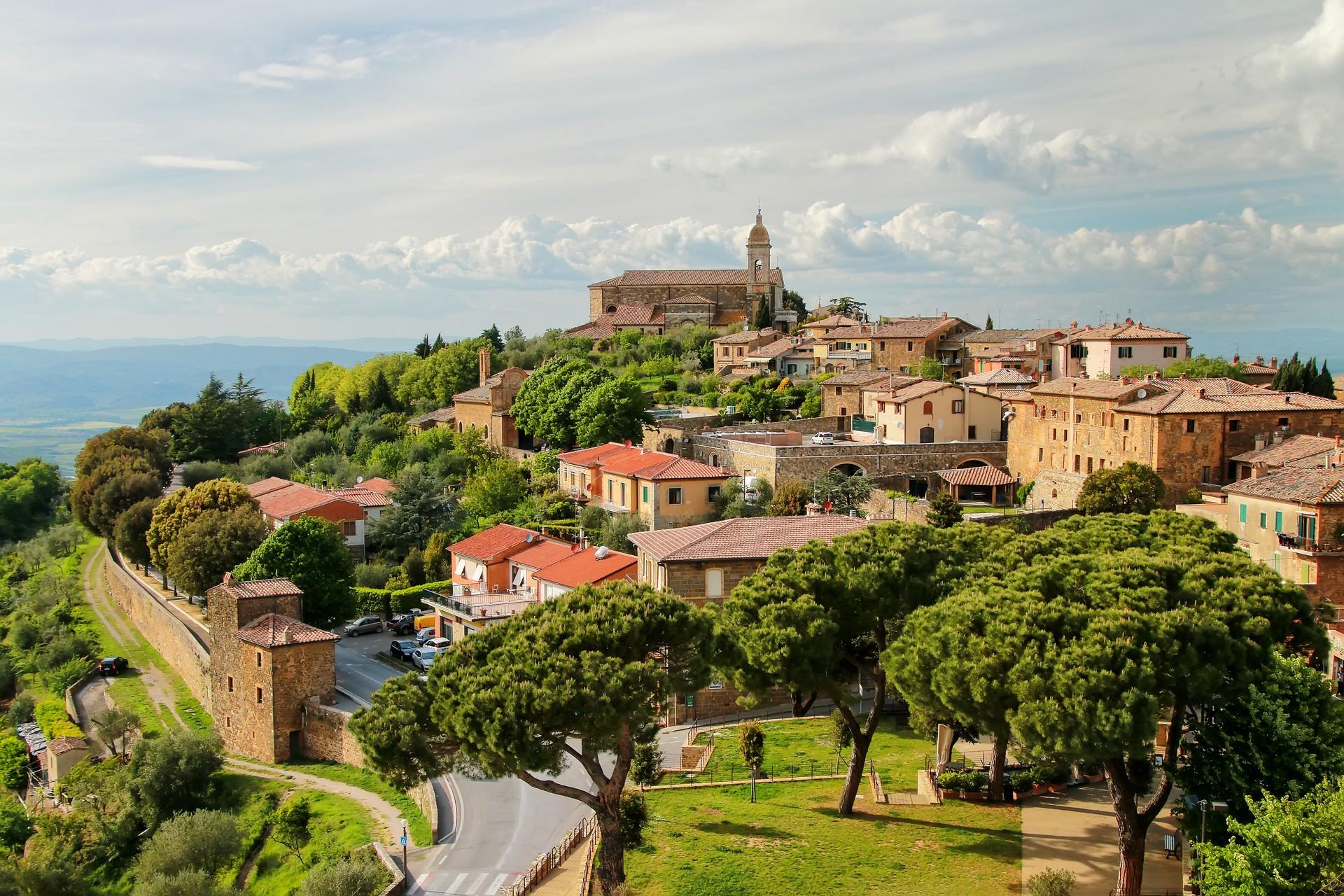 Aerial view of architecture in Montalcino on a day with cloudy weather