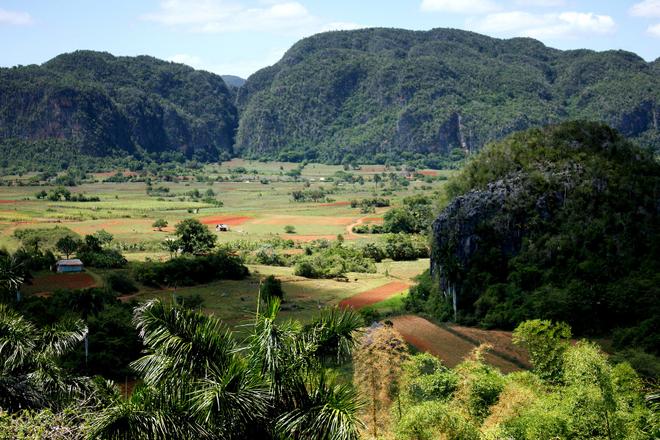 Landscape of Cuban Vinales valley with limestone hills.