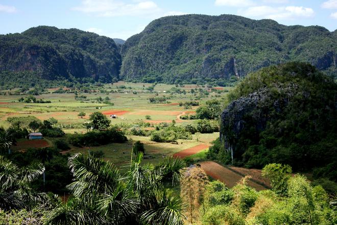 Landscape of Cuban Vinales valley with limestone hills.