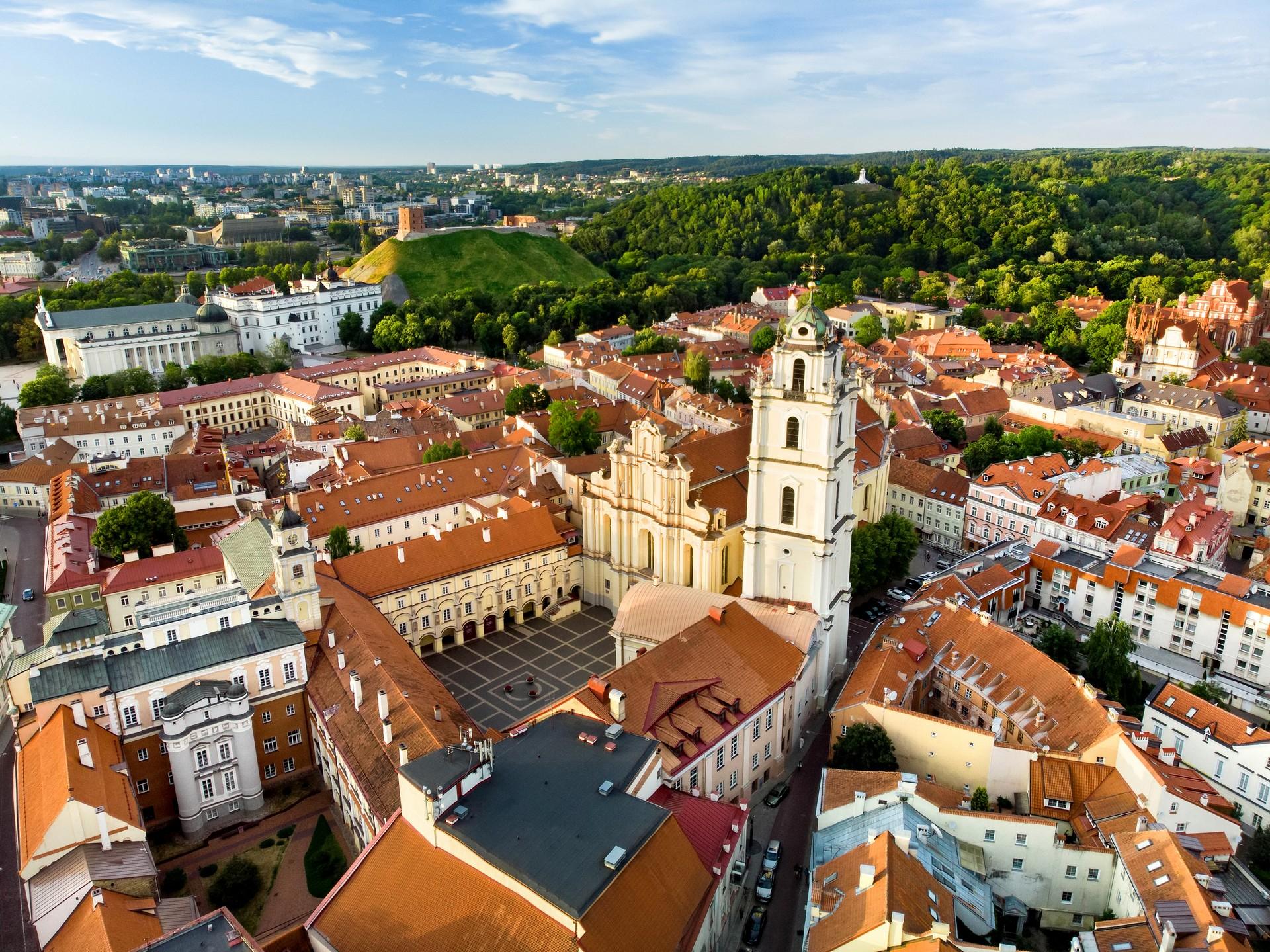 Aerial view of architecture in Vilnius on a cloudy day