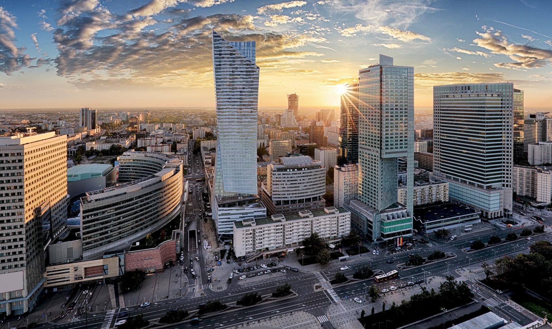 Aerial view of architecture in Warsaw at sunset time