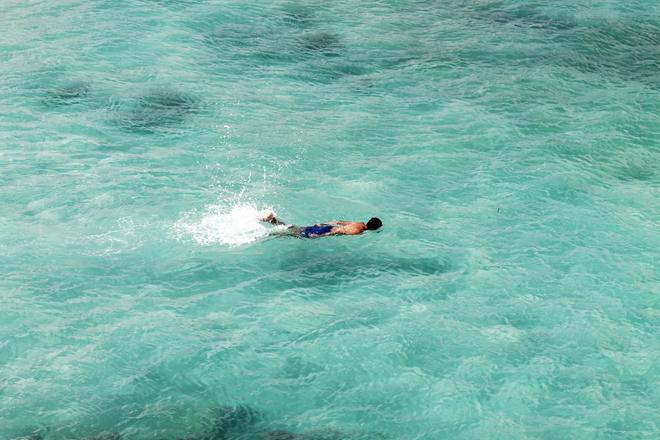 A person snorkeling in a crystal clear sea in the Galapagos