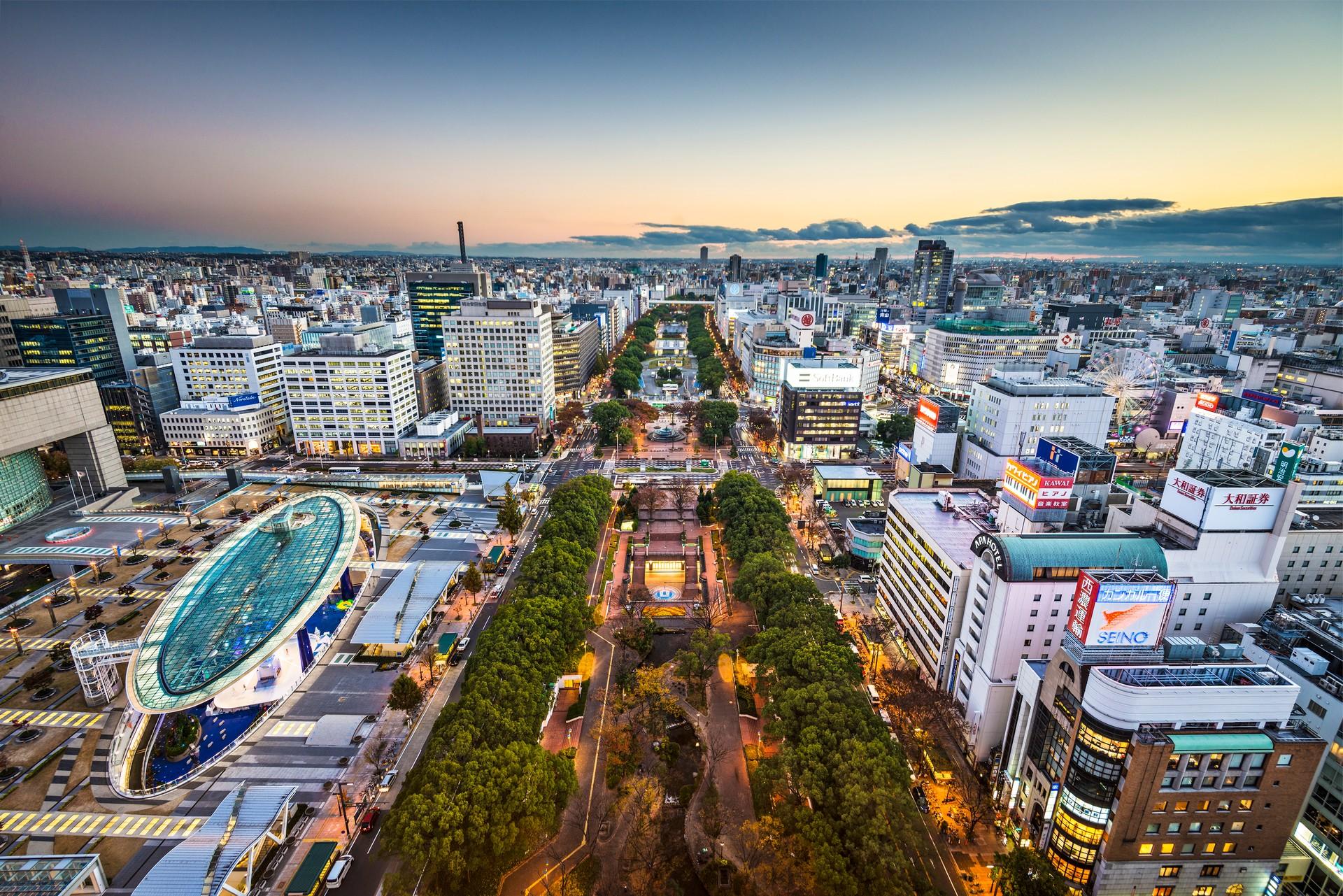 Aerial view of architecture in Nagoya at dawn