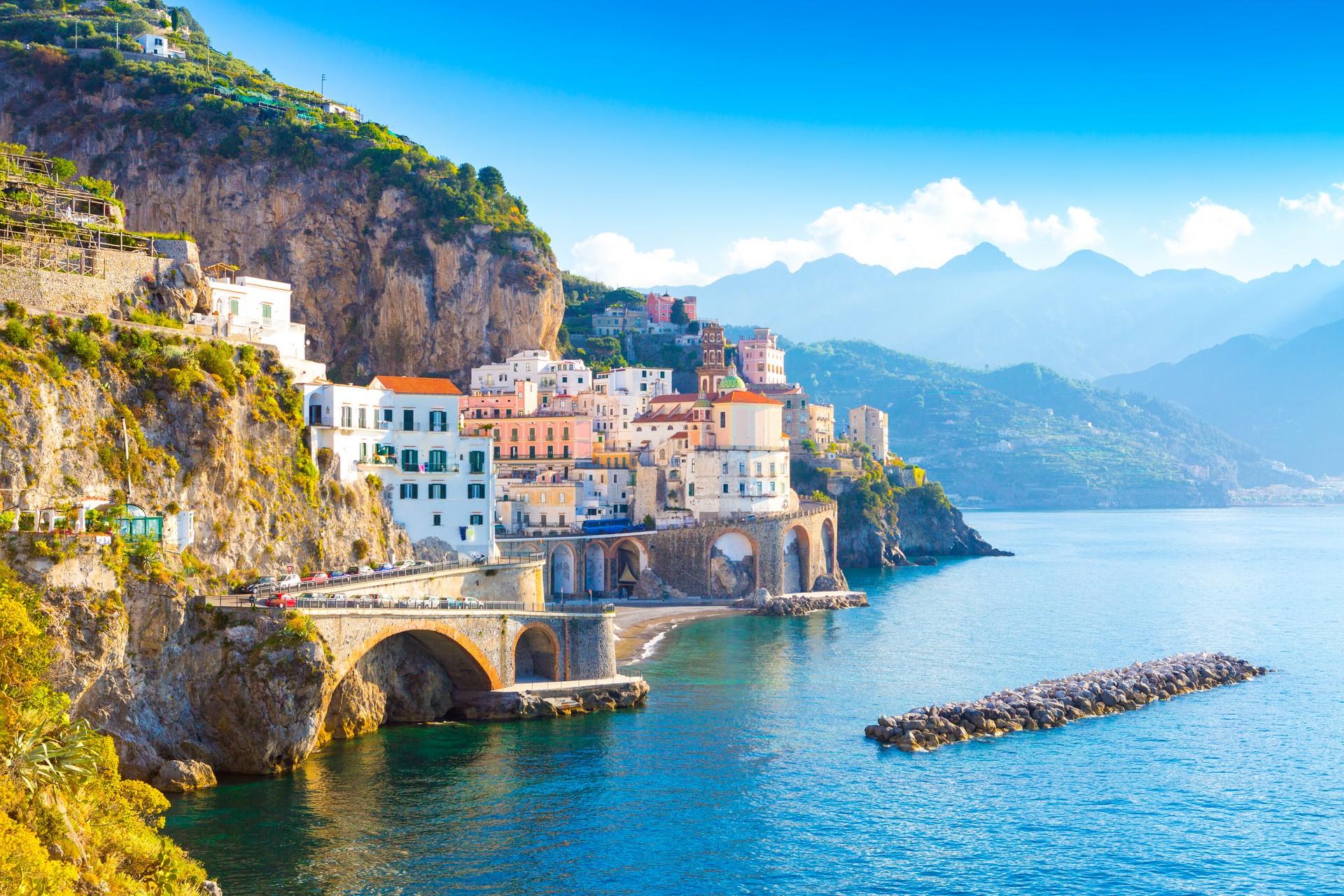 Aerial view of architecture in Amalfi in partly cloudy weather