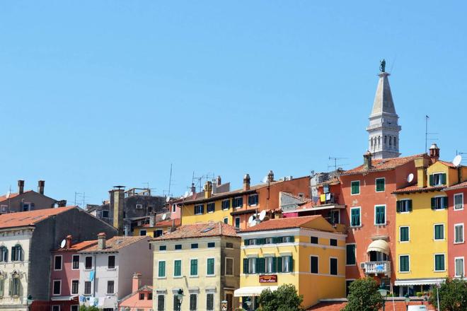 View of the colorful houses and basilica of Rovinj, Istria