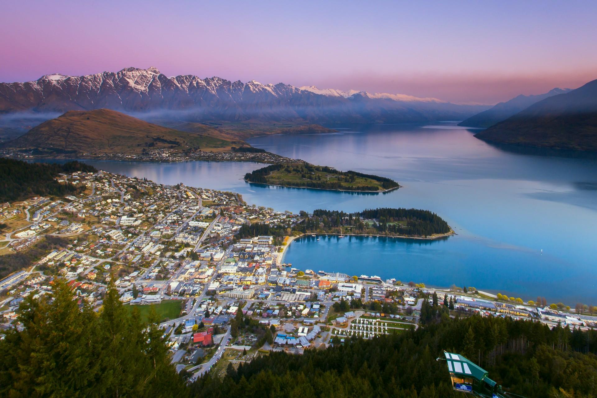 Aerial view of beach in Queenstown at sunset time