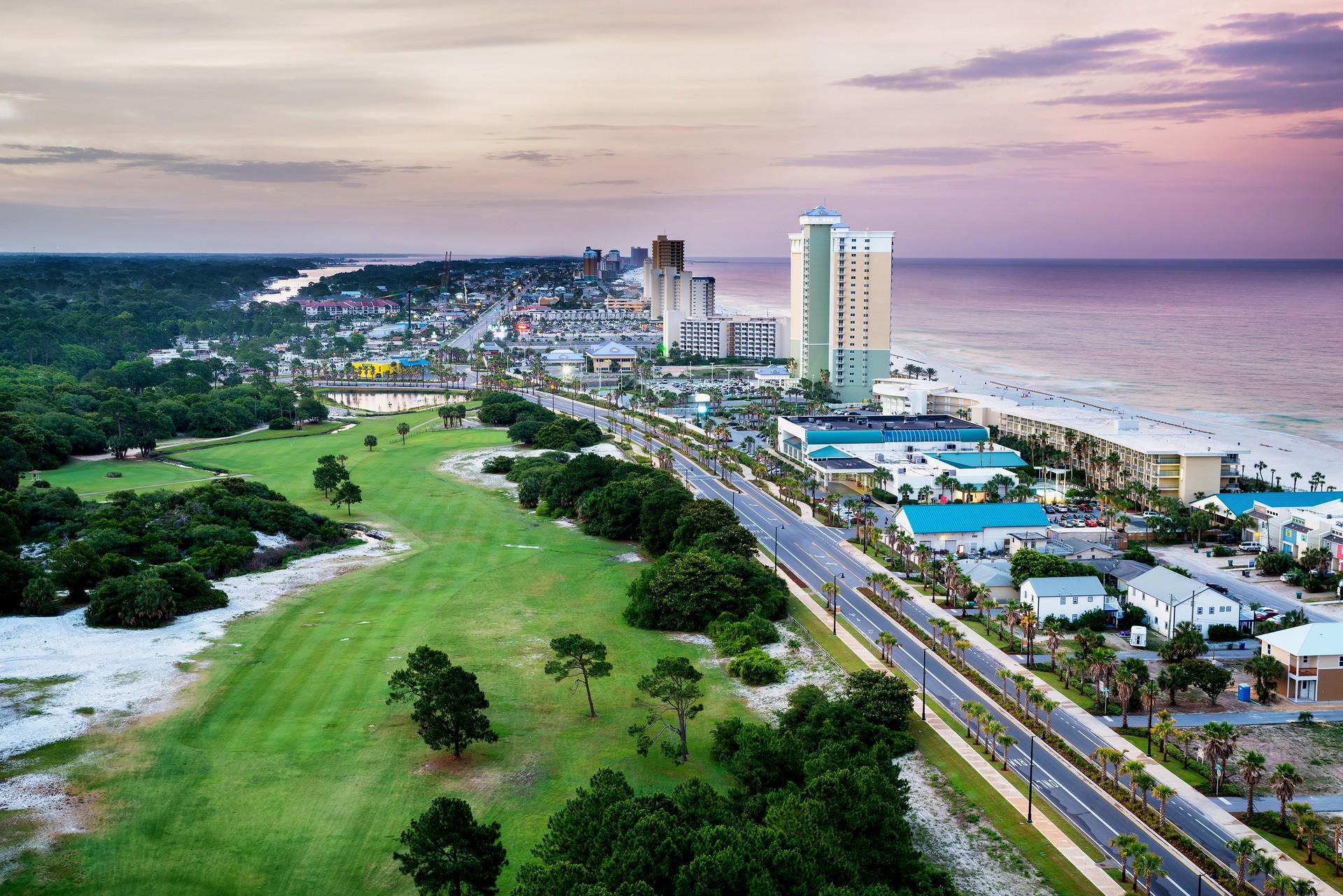 Aerial view of bridge in Panama City Beach at dawn