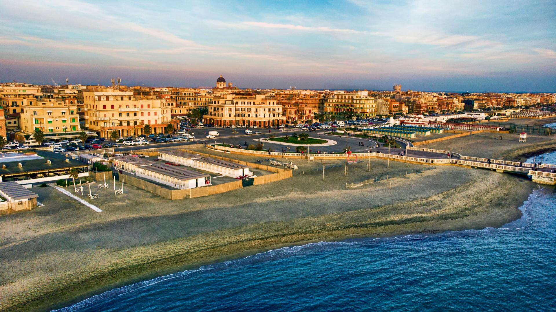 Aerial view of port in Lido di Ostia at sunset time