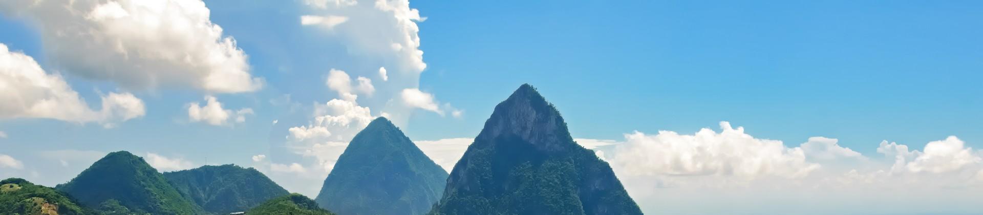 Aerial view of countryside in Soufriere in partly cloudy weather