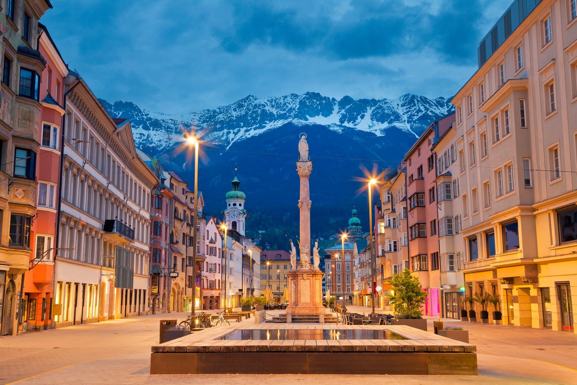 City square in Innsbruck at sunset time
