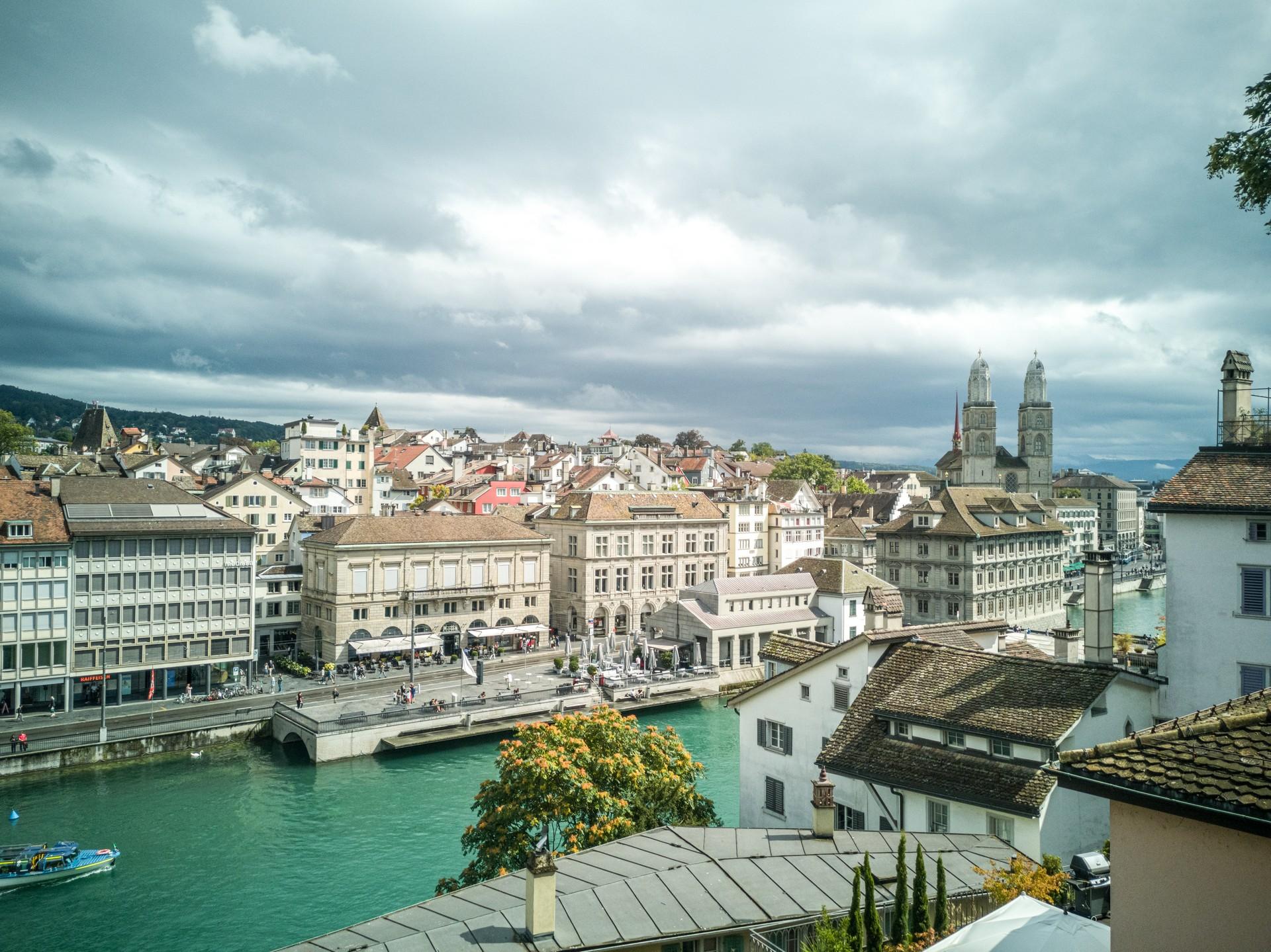 Aerial view of architecture in Zürich on a day with cloudy weather
